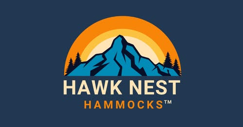 Logo for Hawknest consists of a 2-color mountain, in front of a subset, with silhouettes of pine trees on either side. The company name resides below the mountain.